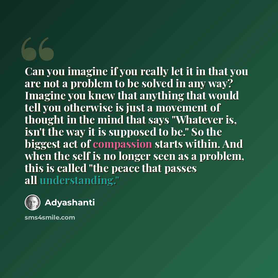“Can you imagine if you really let it in that you are not a problem to be solved in any way? Imagine you knew that anything that would tell you otherwise is just a movement of thought in the mind that says "Whatever is, isn't the way it is supposed to be." So the biggest act of compassion starts…” quote by Adyashanti