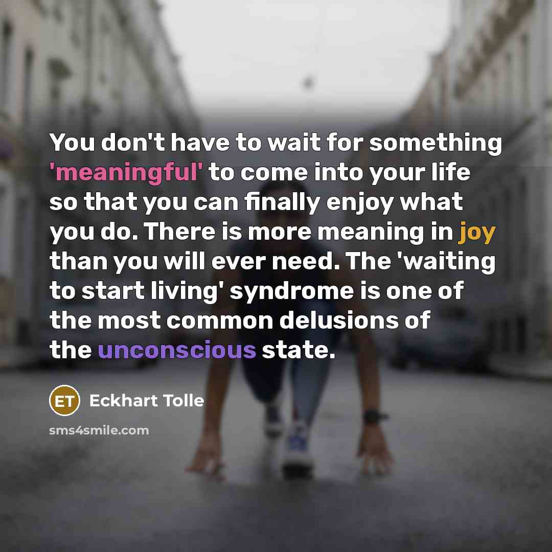 “You don't have to wait for something 'meaningful' to come into your life so that you can finally enjoy what you do. There is more meaning in joy than you will ever need. The 'waiting to start living' syndrome is one of the most common delusions of the unconscious state.” quote by Eckhart Tolle