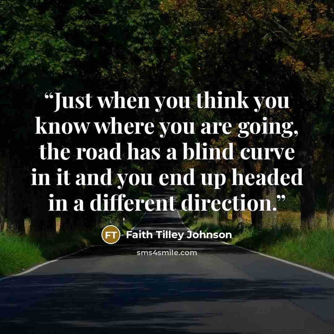 “Just when you think you know where you are going, the road has a blind curve in it and you end up headed in a different direction.” quote by Faith Tilley Johnson