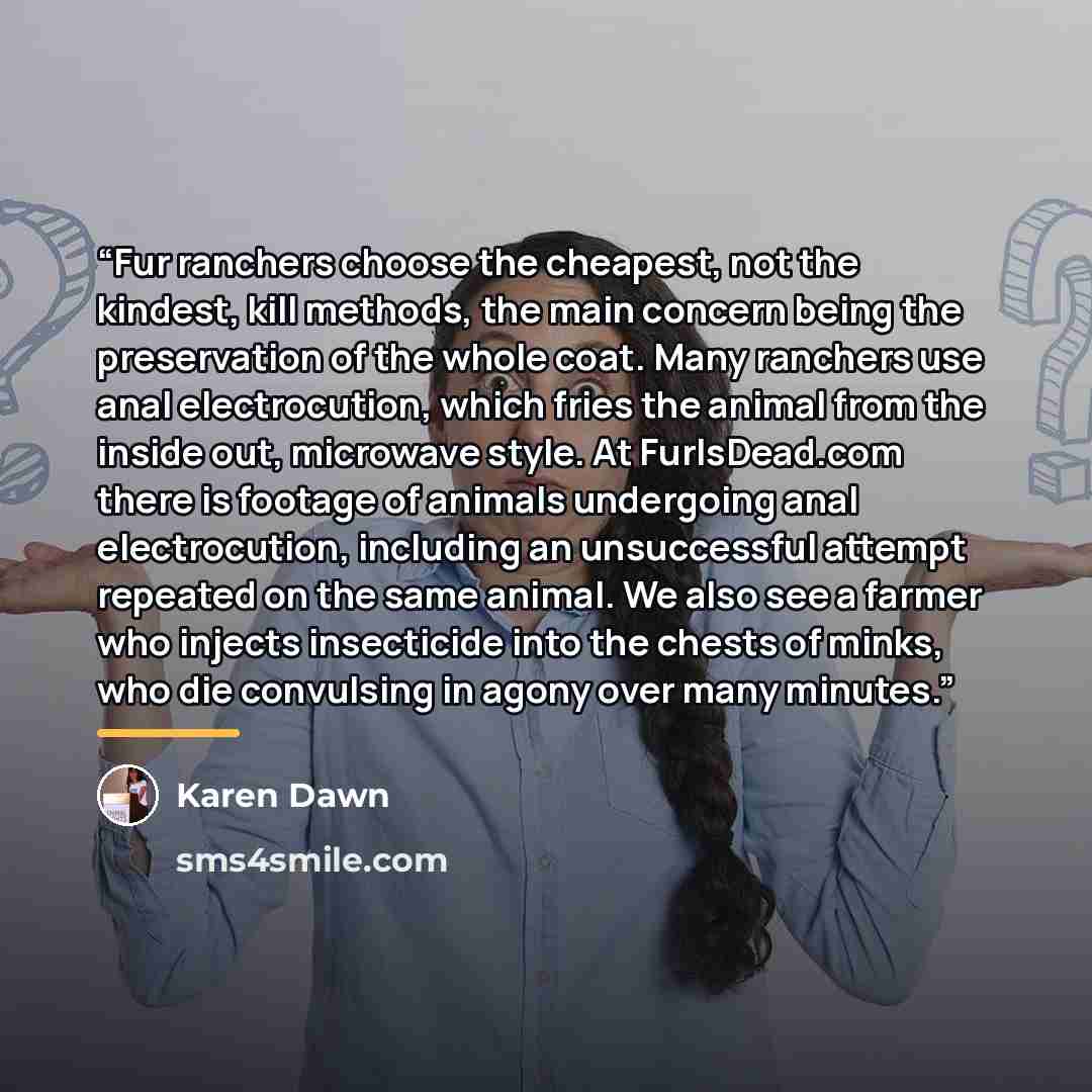 “Fur ranchers choose the cheapest, not the kindest, kill methods, the main concern being the preservation of the whole coat. Many ranchers use anal electrocution, which fries the animal from the inside out, microwave style. At FurIsDead.com there is footage of animals undergoing anal electrocution…” quote by Karen Dawn