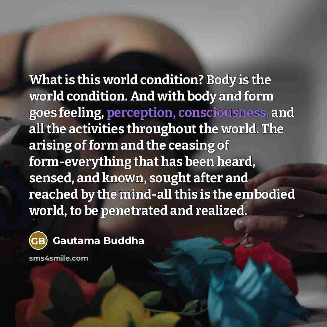 “What is this world condition? Body is the world condition. And with body and form goes feeling, perception, consciousness, and all the activities throughout the world. The arising of form and the ceasing of form-everything that has been heard, sensed, and known, sought after and reached by the…” quote by Gautama Buddha