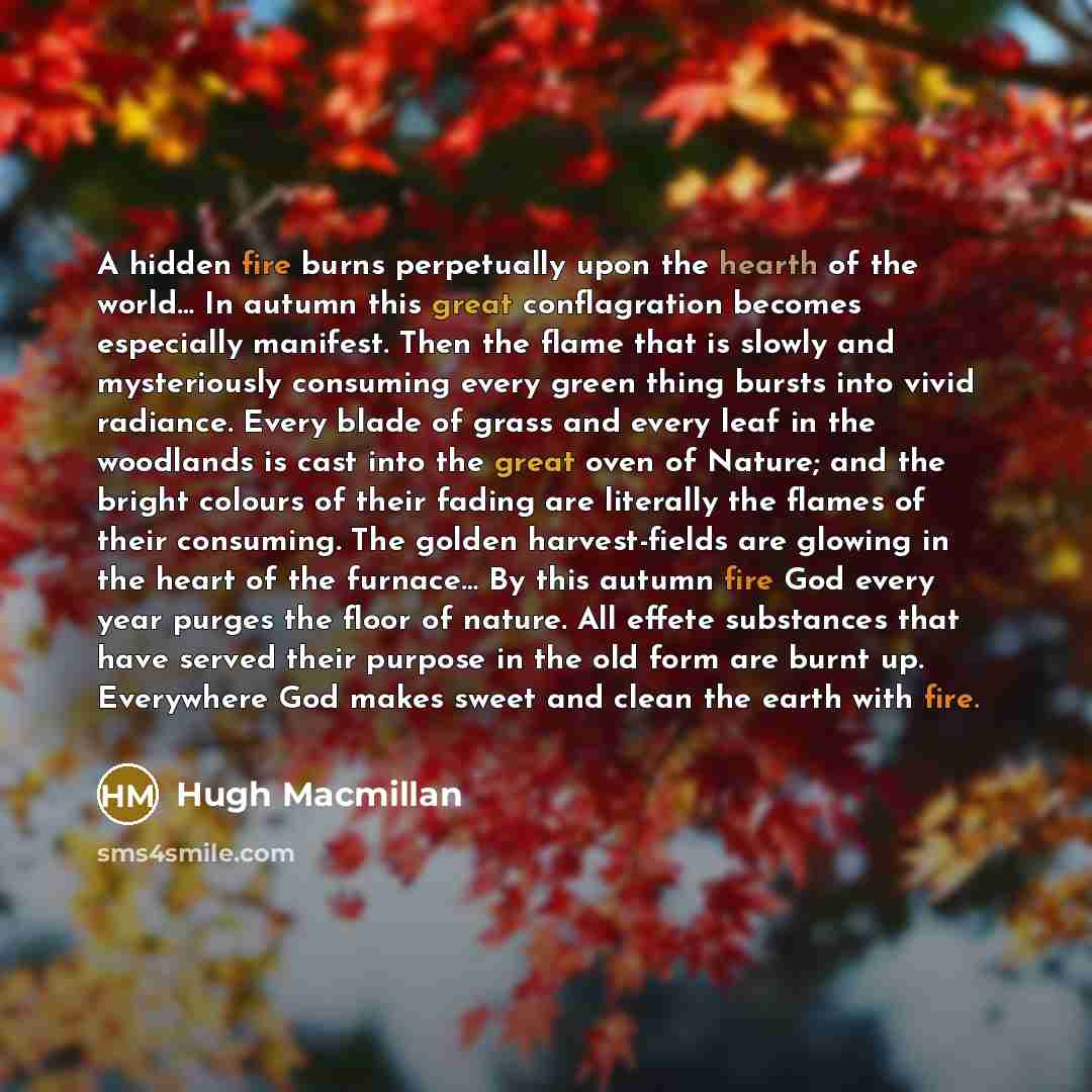 “A hidden fire burns perpetually upon the hearth of the world… In autumn this great conflagration becomes especially manifest. Then the flame that is slowly and mysteriously consuming every green thing bursts into vivid radiance. Every blade of grass and every leaf in the woodlands is cast into the…” quote by Hugh Macmillan
