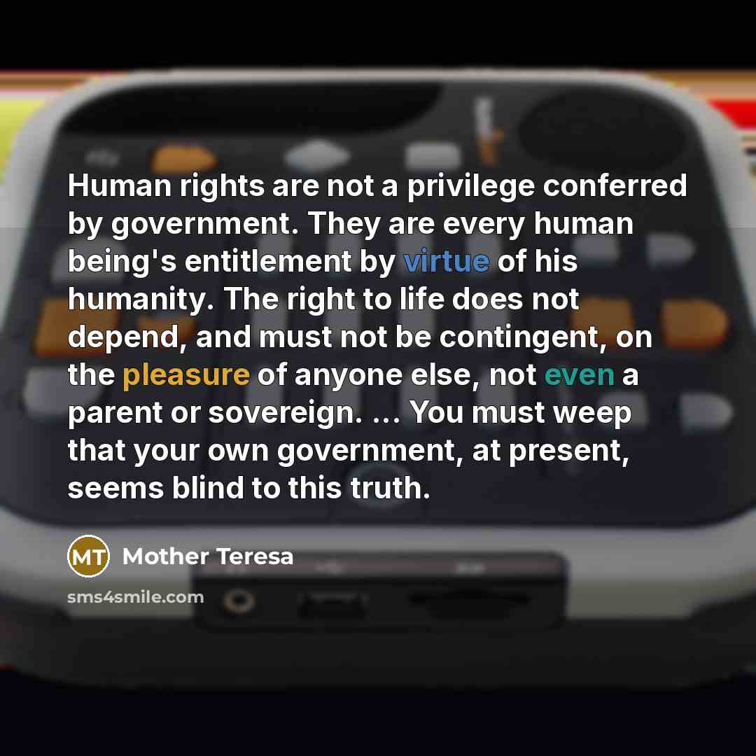 “Human rights are not a privilege conferred by government. They are every human being's entitlement by virtue of his humanity. The right to life does not depend, and must not be contingent, on the pleasure of anyone else, not even a parent or sovereign. ... You must weep that your own government…” quote by Mother Teresa