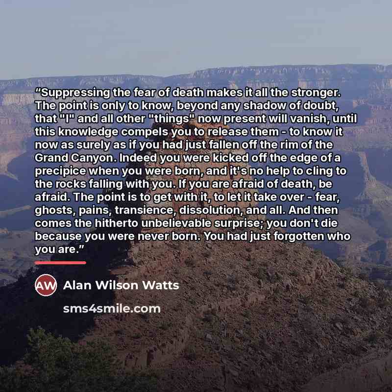 “Suppressing the fear of death makes it all the stronger. The point is only to know, beyond any shadow of doubt, that "I" and all other "things" now present will vanish, until this knowledge compels you to release them - to know it now as surely as if you had just fallen off the rim of the Grand…” quote by Alan Wilson Watts