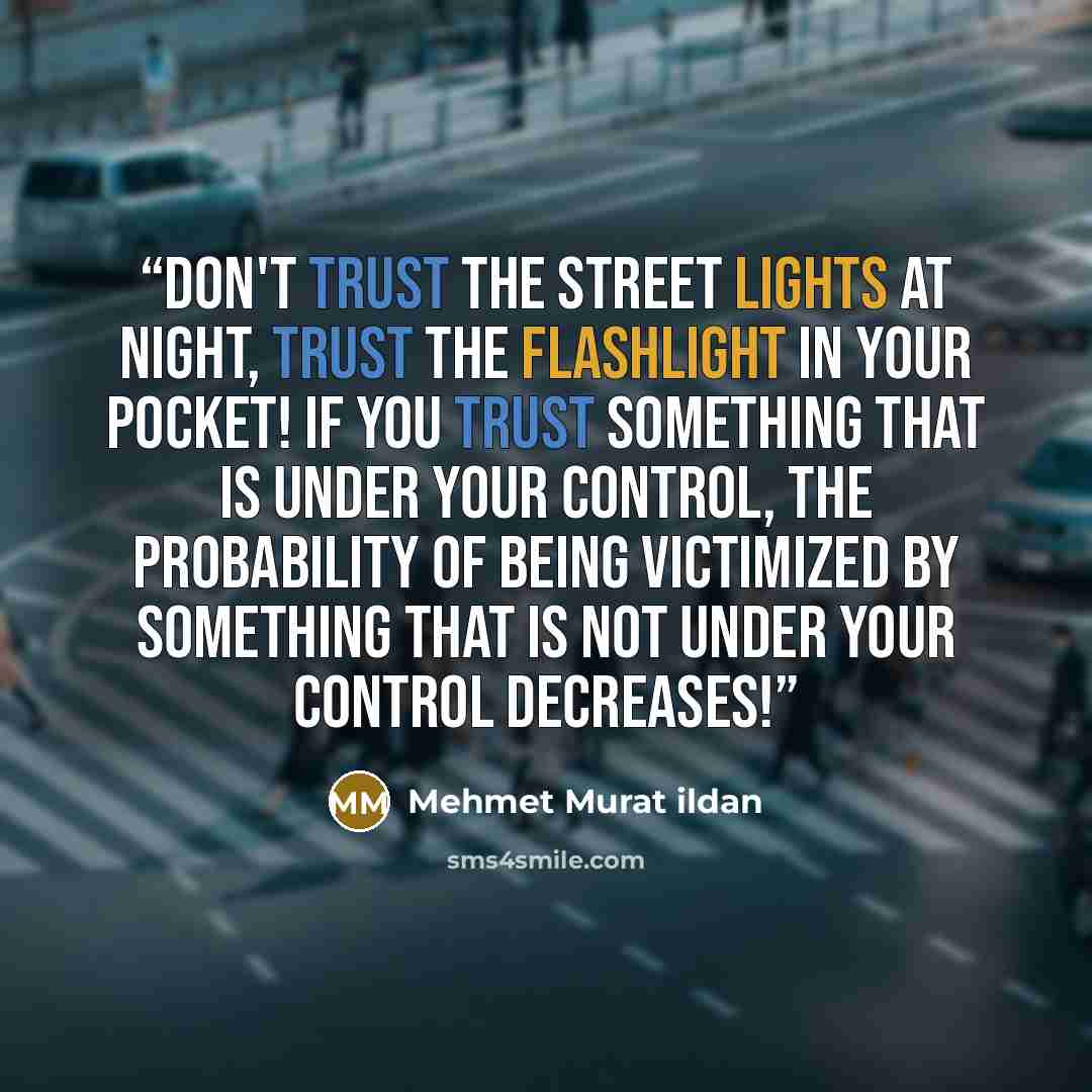 “Don't trust the street lights at night, trust the flashlight in your pocket! If you trust something that is under your control, the probability of being victimized by something that is not under your control decreases!” quote by Mehmet Murat ildan