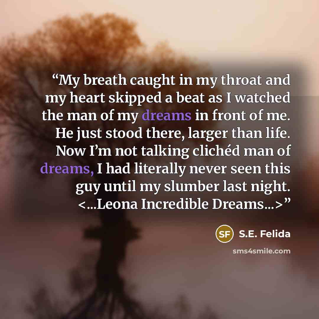 “My breath caught in my throat and my heart skipped a beat as I watched the man of my dreams in front of me. He just stood there, larger than life. Now I’m not talking clichéd man of dreams, I had literally never seen this guy until my slumber last night.” quote by S.E. Felida