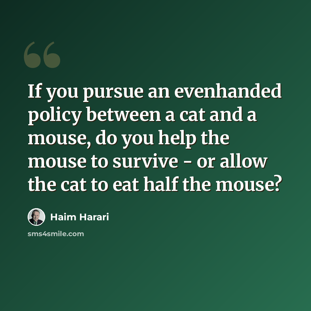 “If you pursue an evenhanded policy between a cat and a mouse, do you help the mouse to survive - or allow the cat to eat half the mouse?” quote by Haim Harari