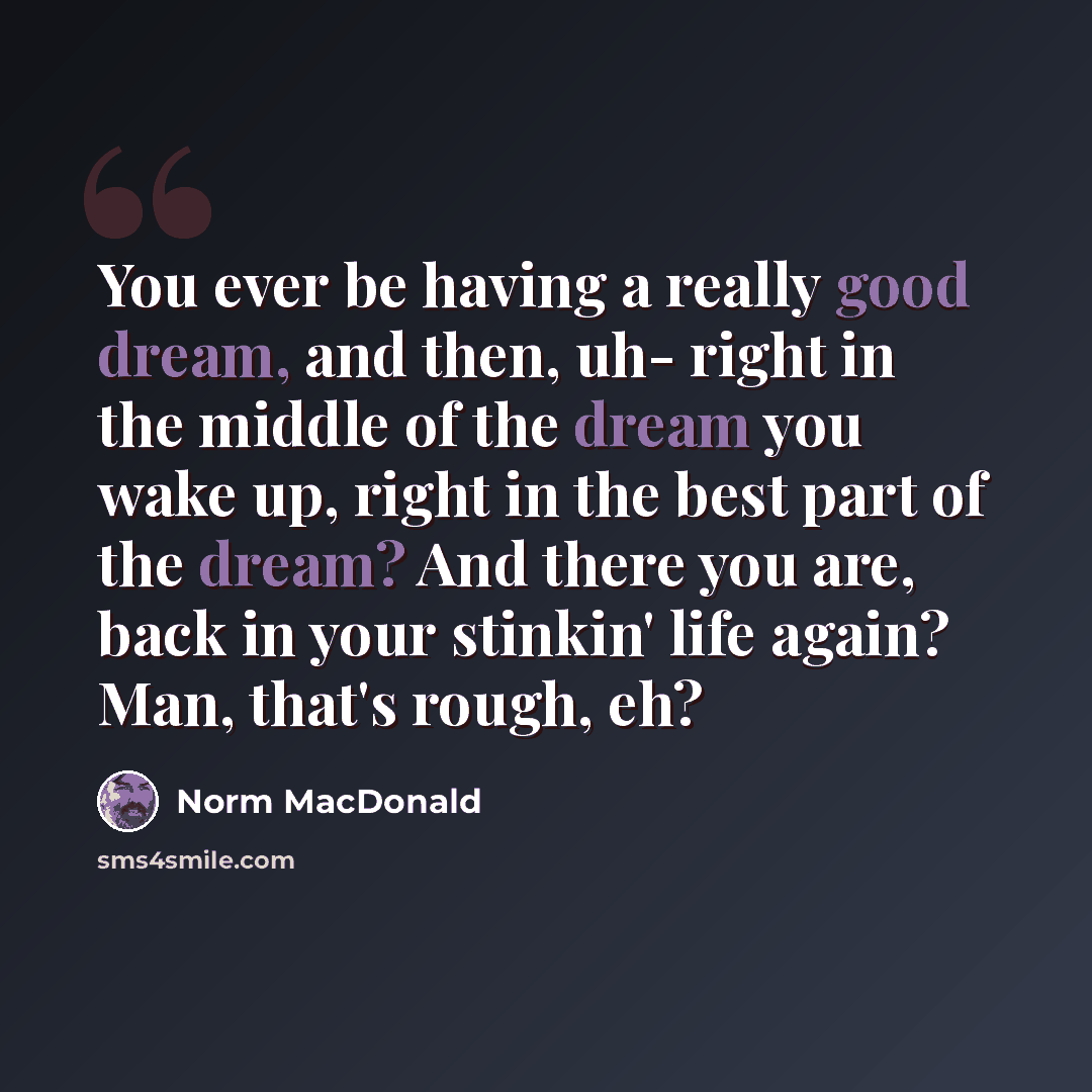 “You ever be having a really good dream, and then, uh- right in the middle of the dream you wake up, right in the best part of the dream? And there you are, back in your stinkin' life again? Man, that's rough, eh?” quote by Norm MacDonald