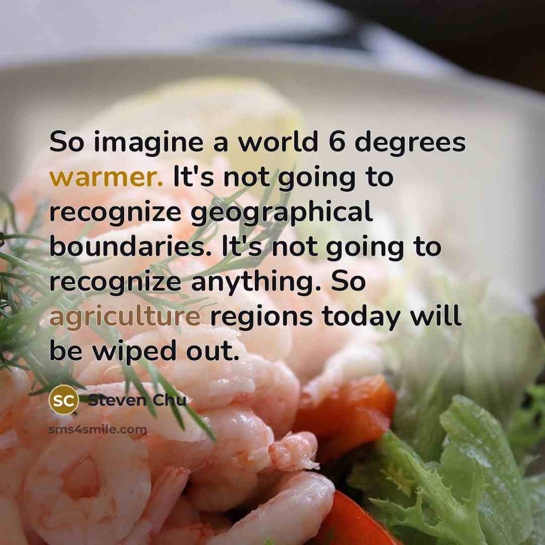 “So imagine a world 6 degrees warmer. It's not going to recognize geographical boundaries. It's not going to recognize anything. So agriculture regions today will be wiped out.” quote by Steven Chu