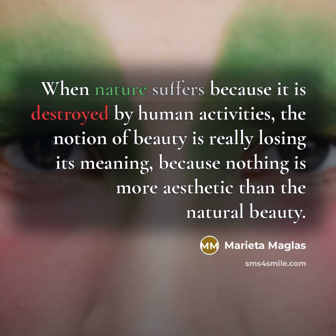 “When nature suffers because it is destroyed by human activities, the notion of beauty is really losing its meaning, because nothing is more aesthetic than the natural beauty.” quote by Marieta Maglas