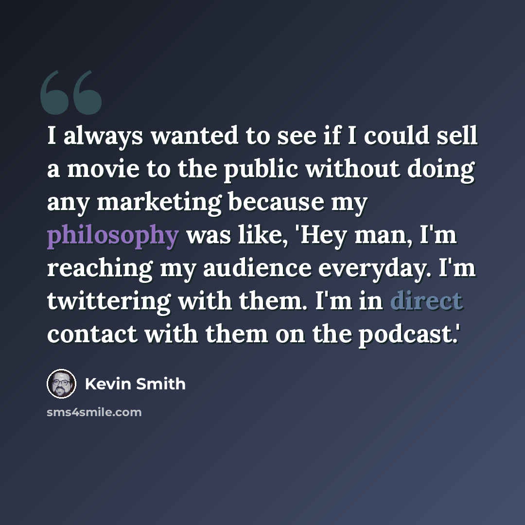 “I always wanted to see if I could sell a movie to the public without doing any marketing because my philosophy was like, 'Hey man, I'm reaching my audience everyday. I'm twittering with them. I'm in direct contact with them on the podcast.'” quote by Kevin Smith