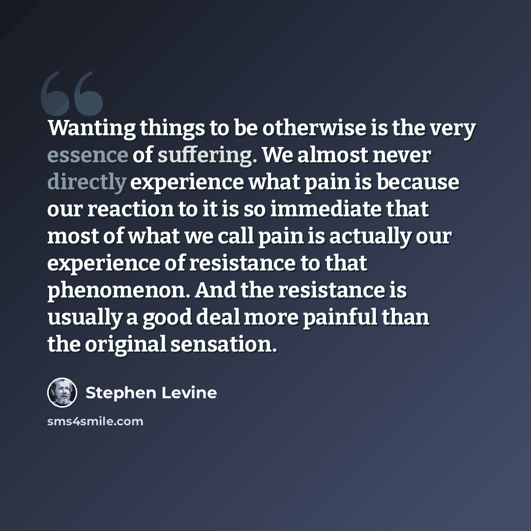 “Wanting things to be otherwise is the very essence of suffering. We almost never directly experience what pain is because our reaction to it is so immediate that most of what we call pain is actually our experience of resistance to that phenomenon. And the resistance is usually a good deal more…” quote by Stephen Levine