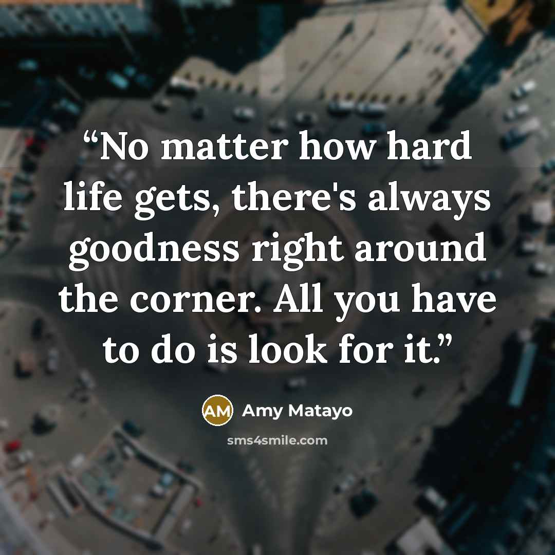 “No matter how hard life gets, there's always goodness right around the corner. All you have to do is look for it.” quote by Amy Matayo