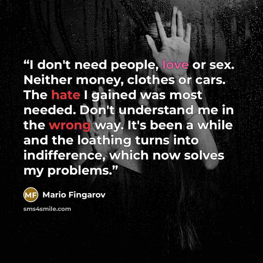 “I don't need people, love or sex. Neither money, clothes or cars. The hate I gained was most needed. Don't understand me in the wrong way. It's been a while and the loathing turns into indifference, which now solves my problems.” quote by Mario Fingarov