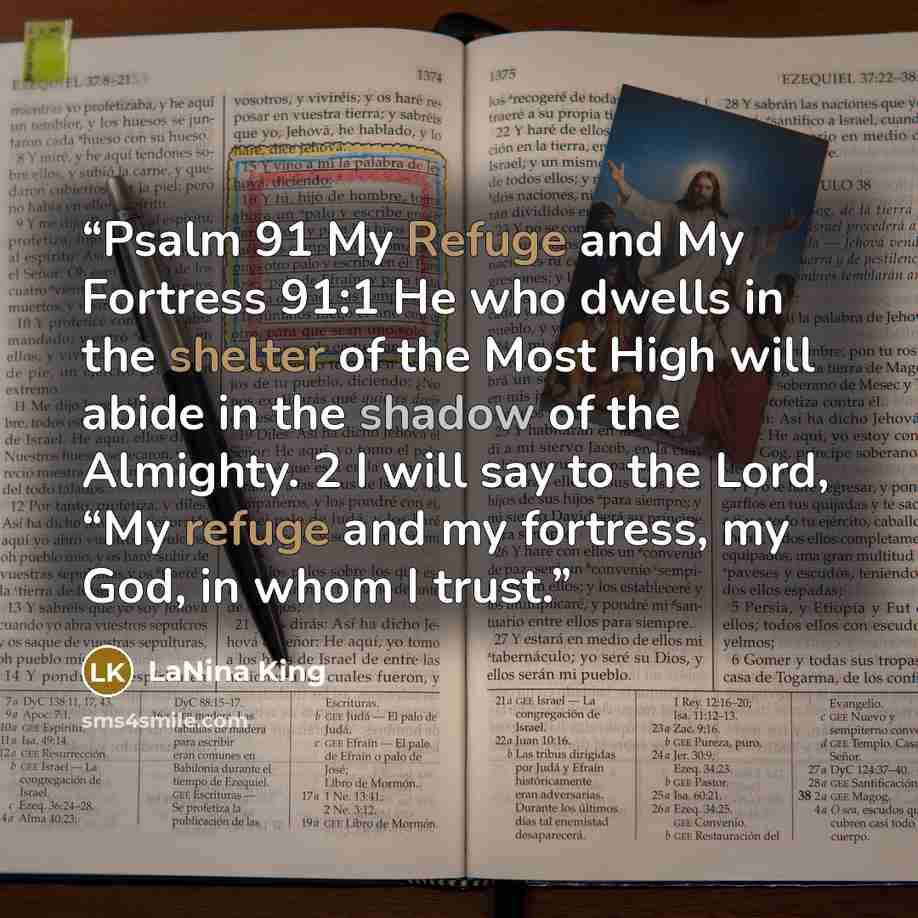 “Psalm 91 My Refuge and My Fortress 91:1 He who dwells in the shelter of the Most High will abide in the shadow of the Almighty. 2 I will say to the Lord, “My refuge and my fortress, my God, in whom I trust.” quote by LaNina King
