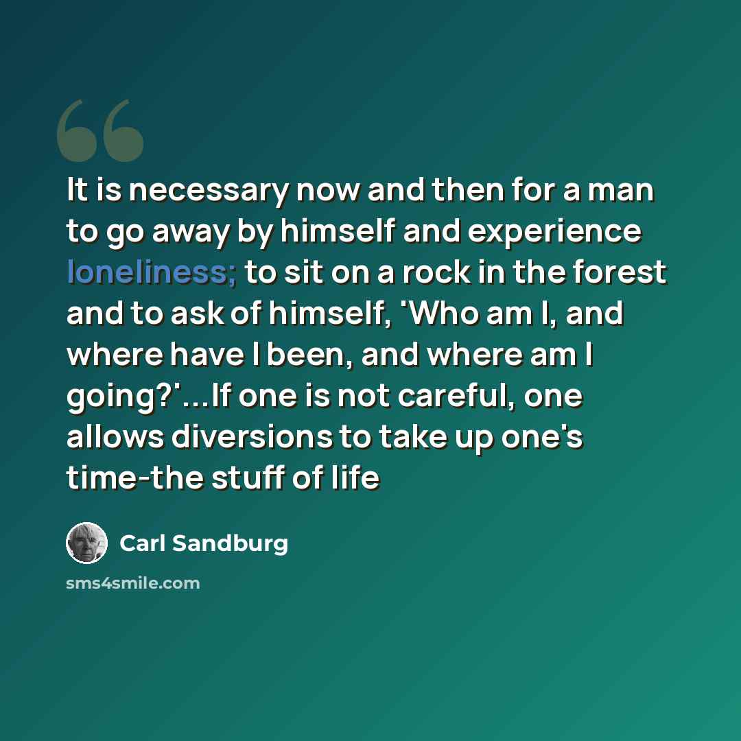 “It is necessary now and then for a man to go away by himself and experience loneliness; to sit on a rock in the forest and to ask of himself, 'Who am I, and where have I been, and where am I going?'...If one is not careful, one allows diversions to take up one's time-the stuff of life” quote by Carl Sandburg