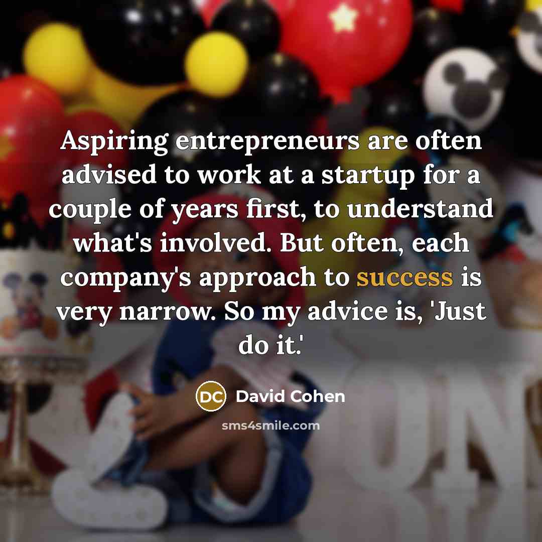 “Aspiring entrepreneurs are often advised to work at a startup for a couple of years first, to understand what's involved. But often, each company's approach to success is very narrow. So my advice is, 'Just do it.'” quote by David Cohen