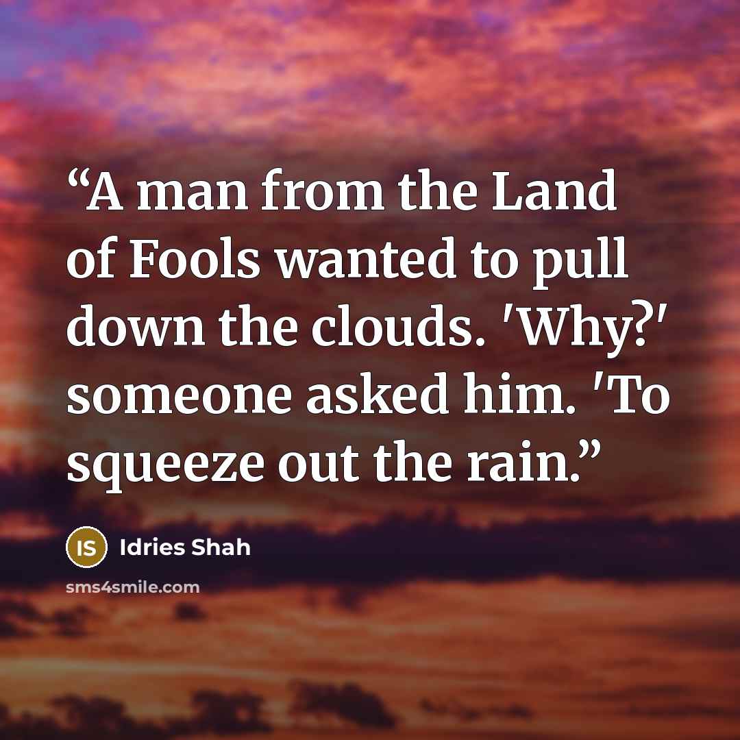 “A man from the Land of Fools wanted to pull down the clouds. 'Why?' someone asked him. 'To squeeze out the rain.” quote by Idries Shah