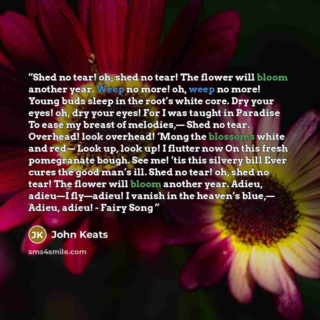 “Shed no tear! oh, shed no tear! The flower will bloom another year. Weep no more! oh, weep no more! Young buds sleep in the root’s white core. Dry your eyes! oh, dry your eyes! For I was taught in Paradise To ease my breast of melodies,— Shed no tear. Overhead! look overhead! ‘Mong the blossoms…” quote by John Keats