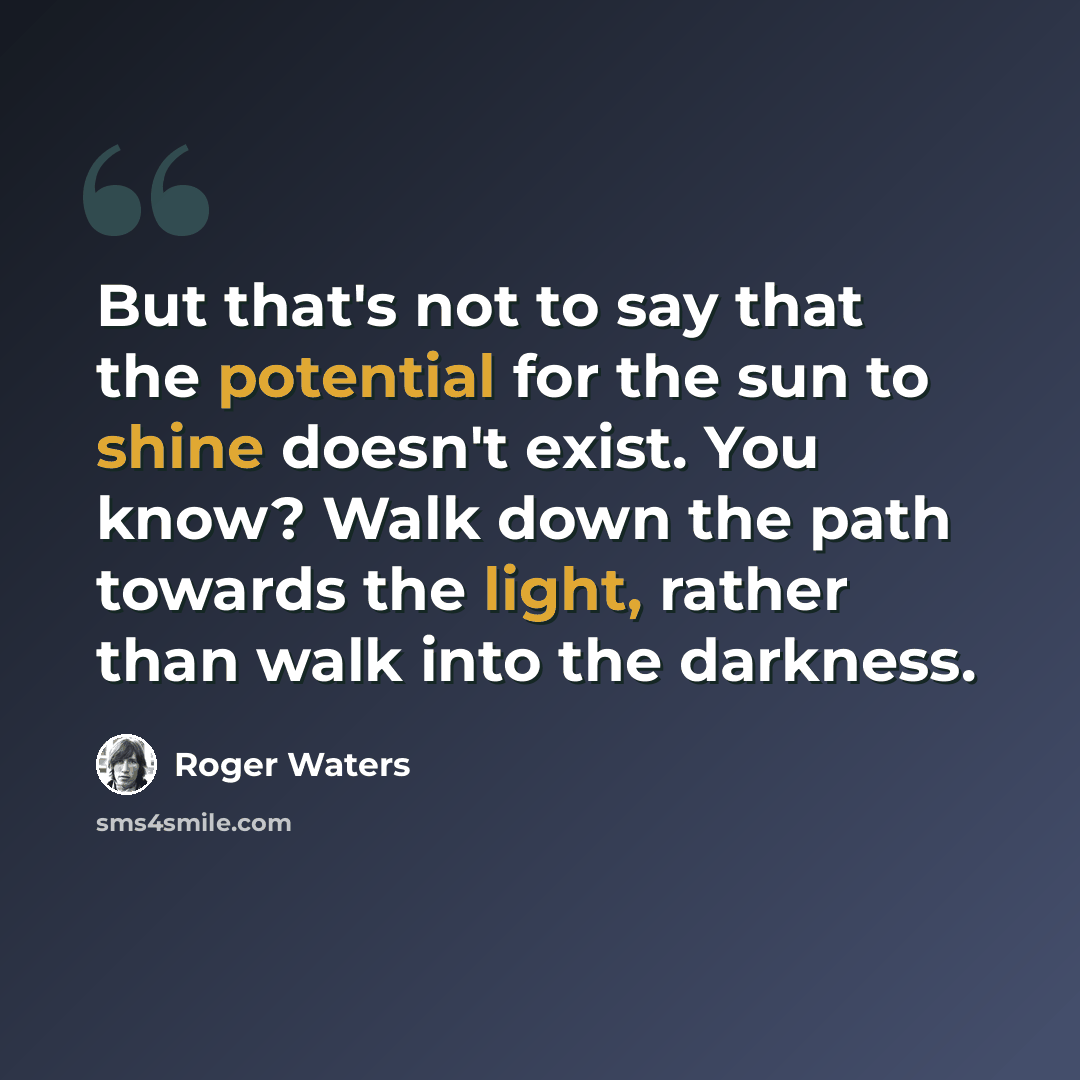 “But that's not to say that the potential for the sun to shine doesn't exist. You know? Walk down the path towards the light, rather than walk into the darkness.” quote by Roger Waters