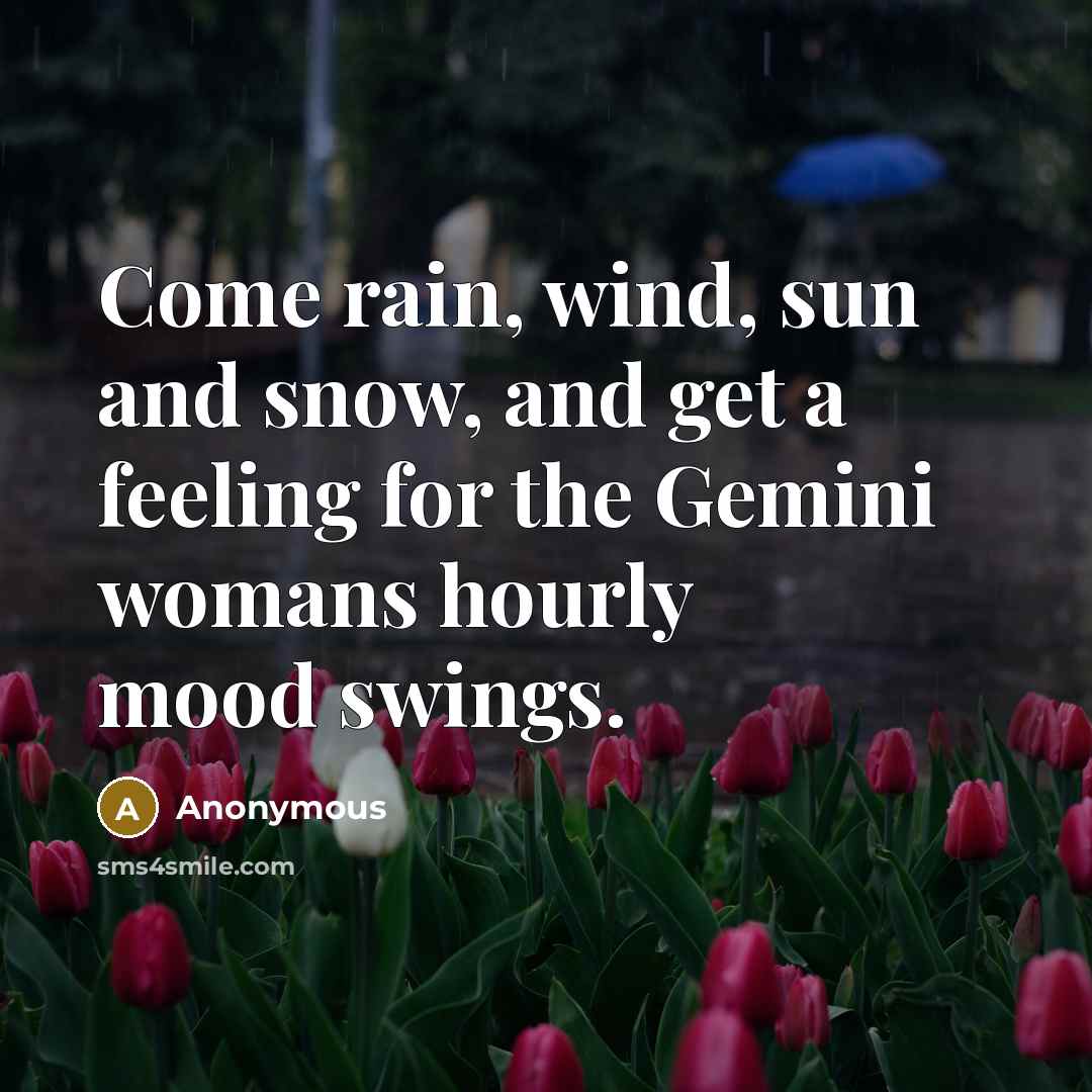 “Come rain, wind, sun and snow, and get a feeling for the Gemini womans hourly mood swings.” quote by Anonymous