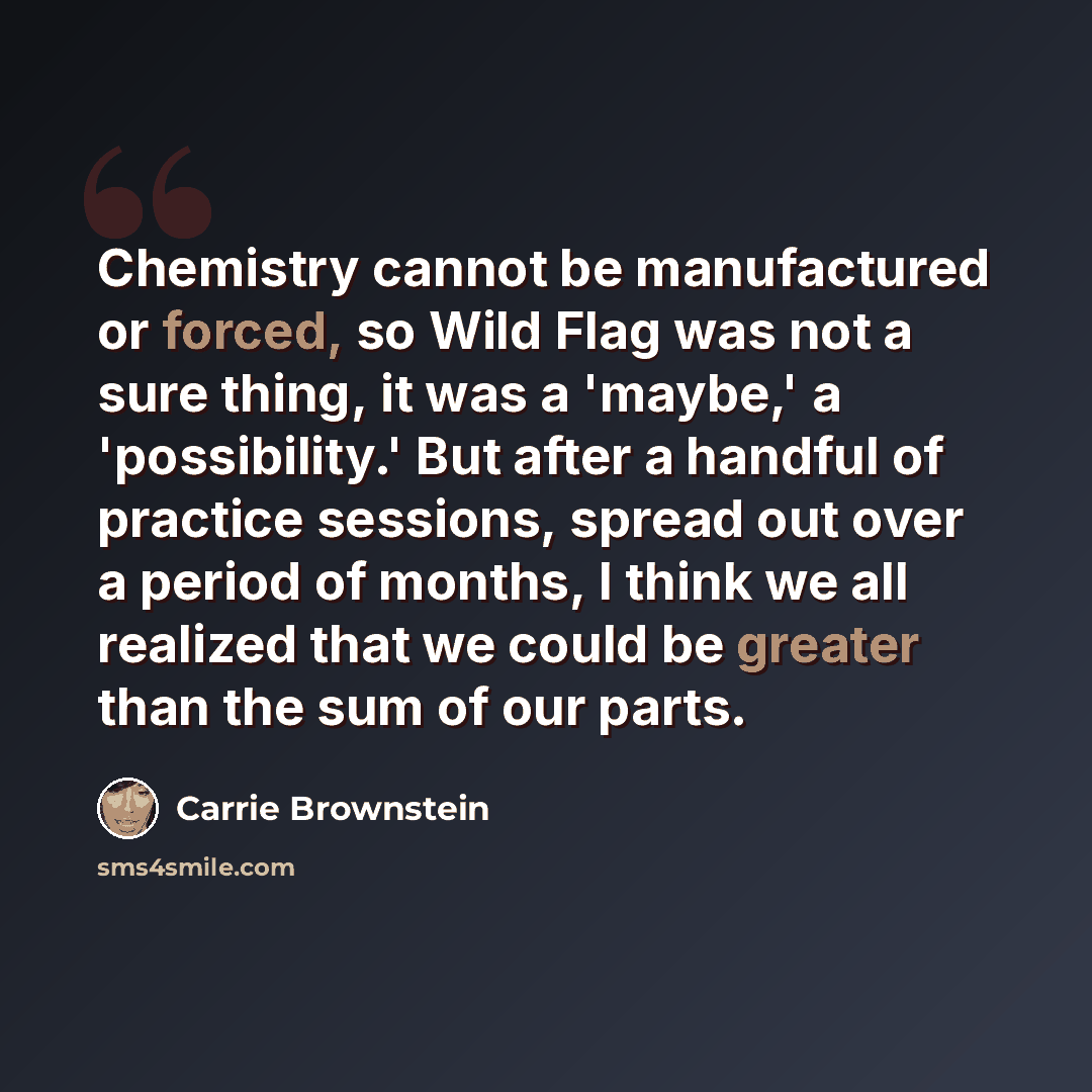 “Chemistry cannot be manufactured or forced, so Wild Flag was not a sure thing, it was a 'maybe,' a 'possibility.' But after a handful of practice sessions, spread out over a period of months, I think we all realized that we could be greater than the sum of our parts.” quote by Carrie Brownstein