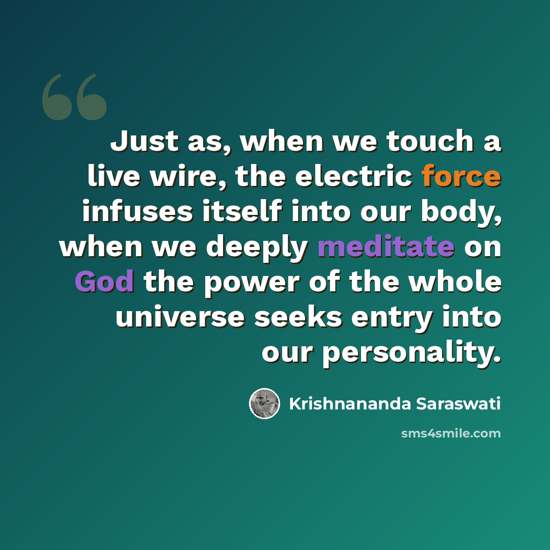 “Just as, when we touch a live wire, the electric force infuses itself into our body, when we deeply meditate on God the power of the whole universe seeks entry into our personality.” quote by Krishnananda Saraswati