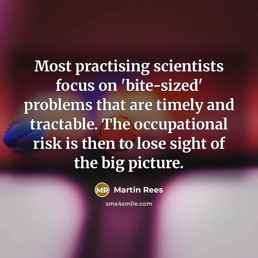 “Most practising scientists focus on 'bite-sized' problems that are timely and tractable. The occupational risk is then to lose sight of the big picture.” quote by Martin Rees