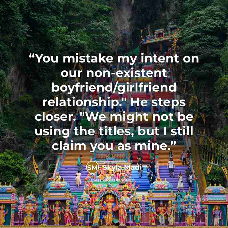 “You mistake my intent on our non-existent boyfriend/girlfriend relationship." He steps closer. "We might not be using the titles, but I still claim you as mine.” quote by Skyla Madi