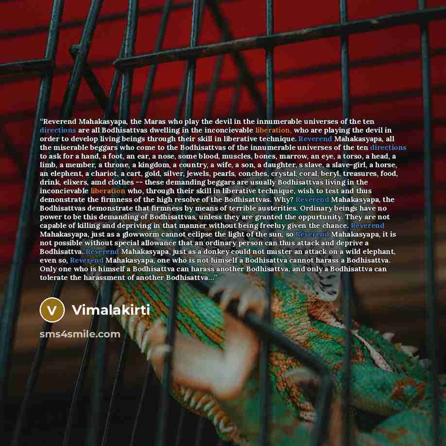 “Reverend Mahakasyapa, the Maras who play the devil in the innumerable universes of the ten directions are all Bodhisattvas dwelling in the inconcievable liberation, who are playing the devil in order to develop living beings through their skill in liberative technique. Reverend Mahakasyapa, all…” quote by Vimalakirti