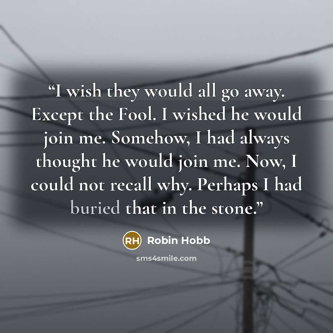 “I wish they would all go away. Except the Fool. I wished he would join me. Somehow, I had always thought he would join me. Now, I could not recall why. Perhaps I had buried that in the stone.” quote by Robin Hobb