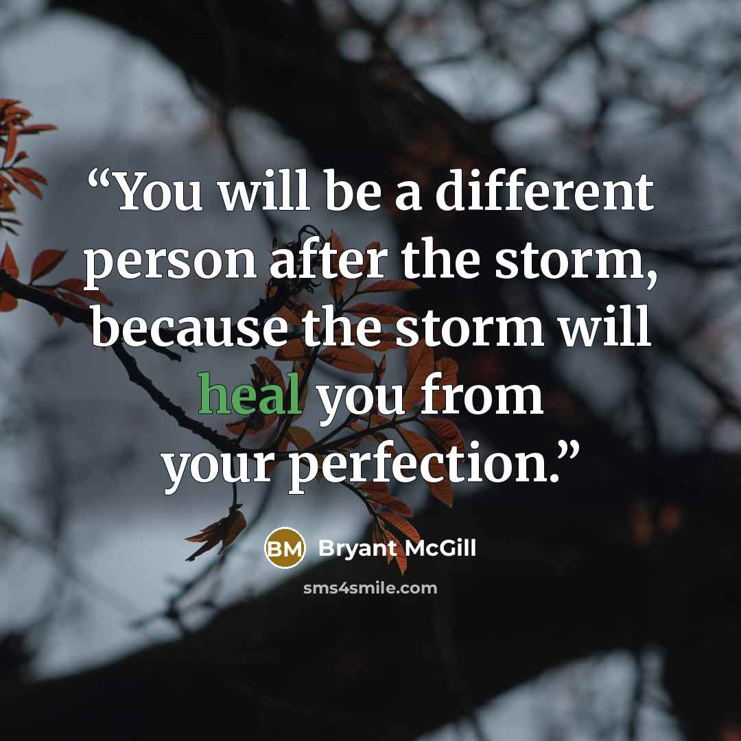 “You will be a different person after the storm, because the storm will heal you from your perfection.” quote by Bryant McGill