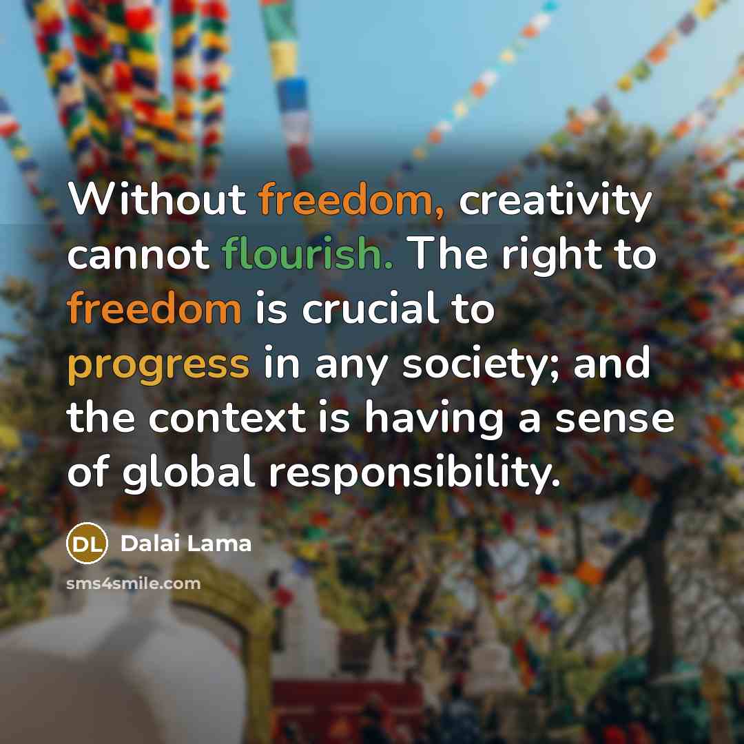 “Without freedom, creativity cannot flourish. The right to freedom is crucial to progress in any society; and the context is having a sense of global responsibility.” quote by Dalai Lama