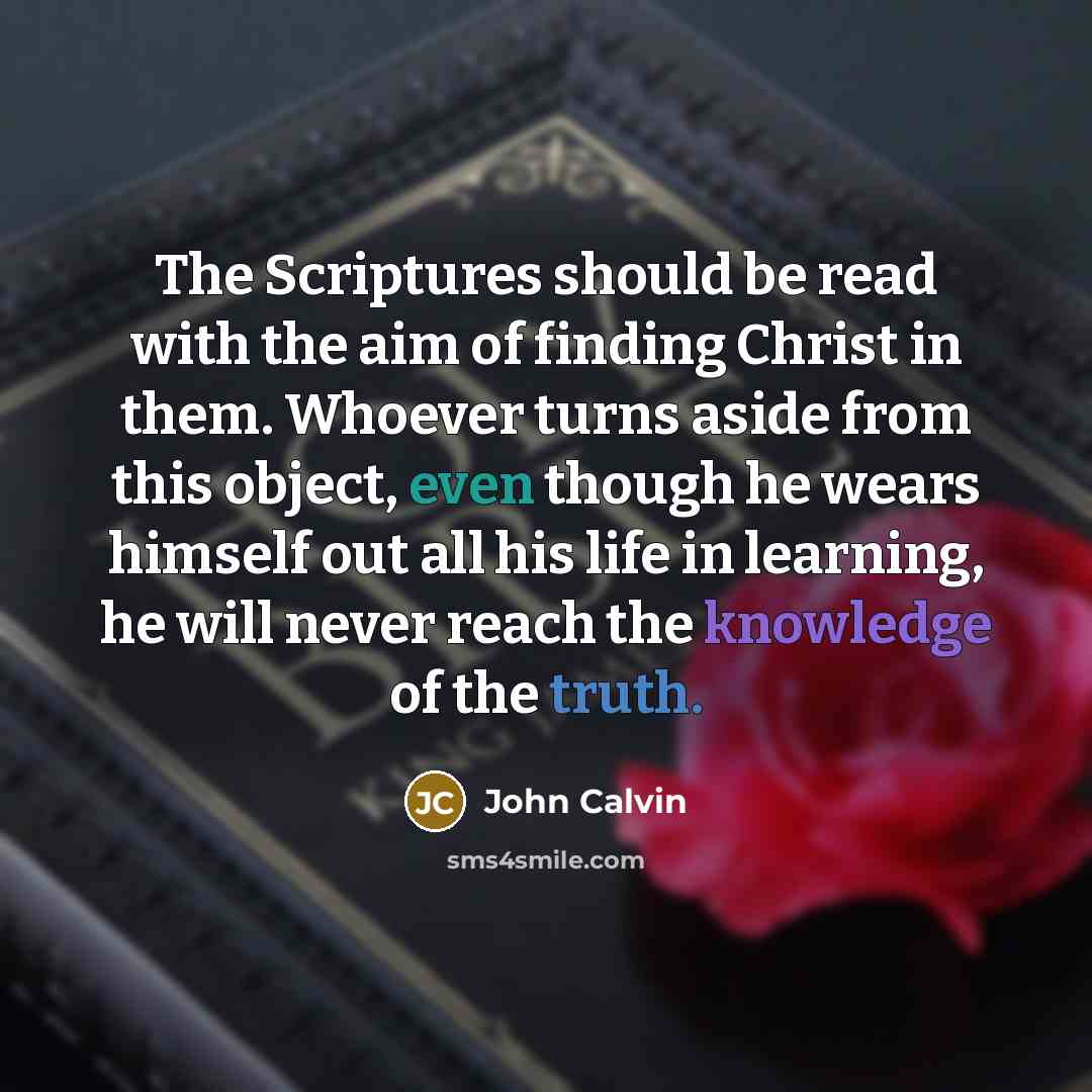 “The Scriptures should be read with the aim of finding Christ in them. Whoever turns aside from this object, even though he wears himself out all his life in learning, he will never reach the knowledge of the truth.” quote by John Calvin