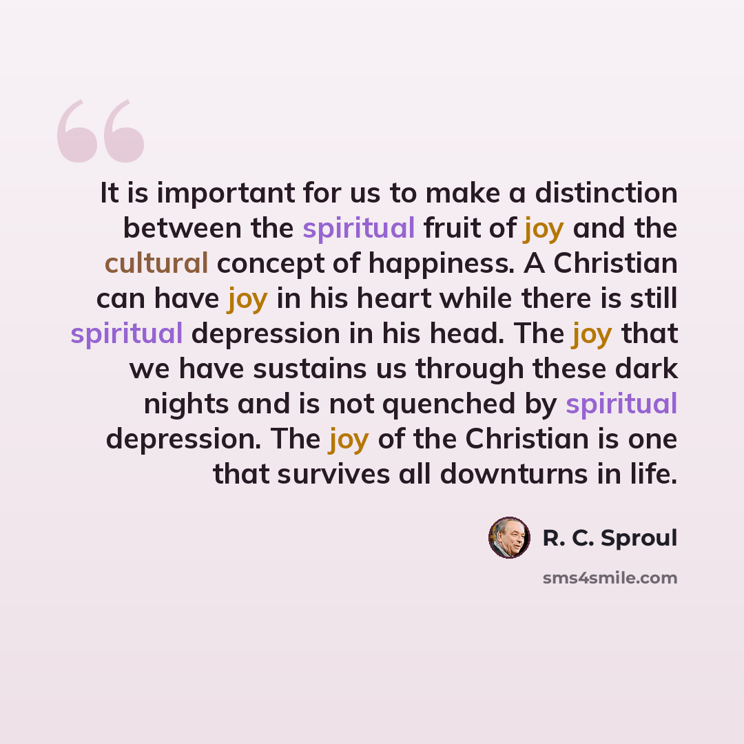 “It is important for us to make a distinction between the spiritual fruit of joy and the cultural concept of happiness. A Christian can have joy in his heart while there is still spiritual depression in his head. The joy that we have sustains us through these dark nights and is not quenched by…” quote by R. C. Sproul