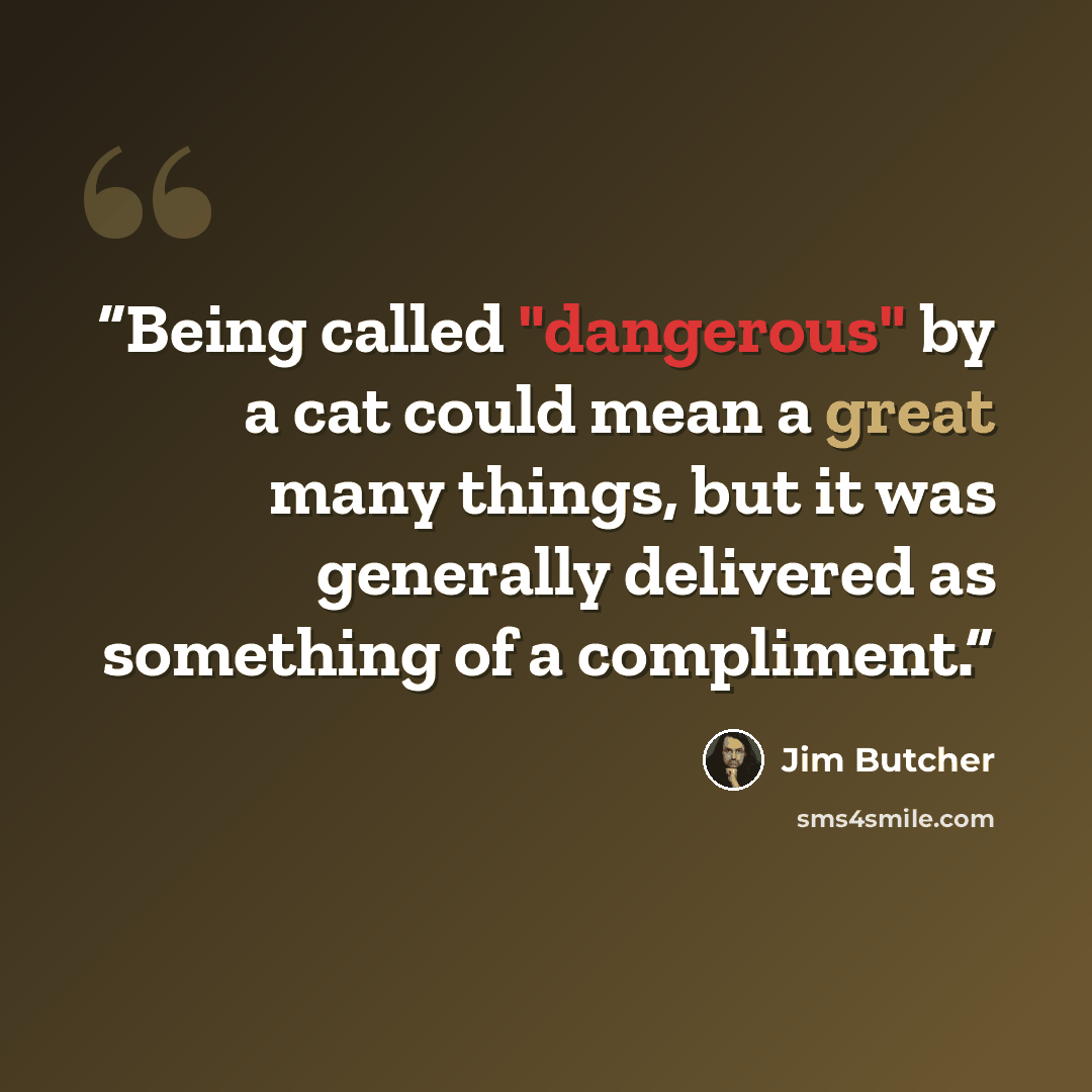 “Being called "dangerous" by a cat could mean a great many things, but it was generally delivered as something of a compliment.” quote by Jim Butcher