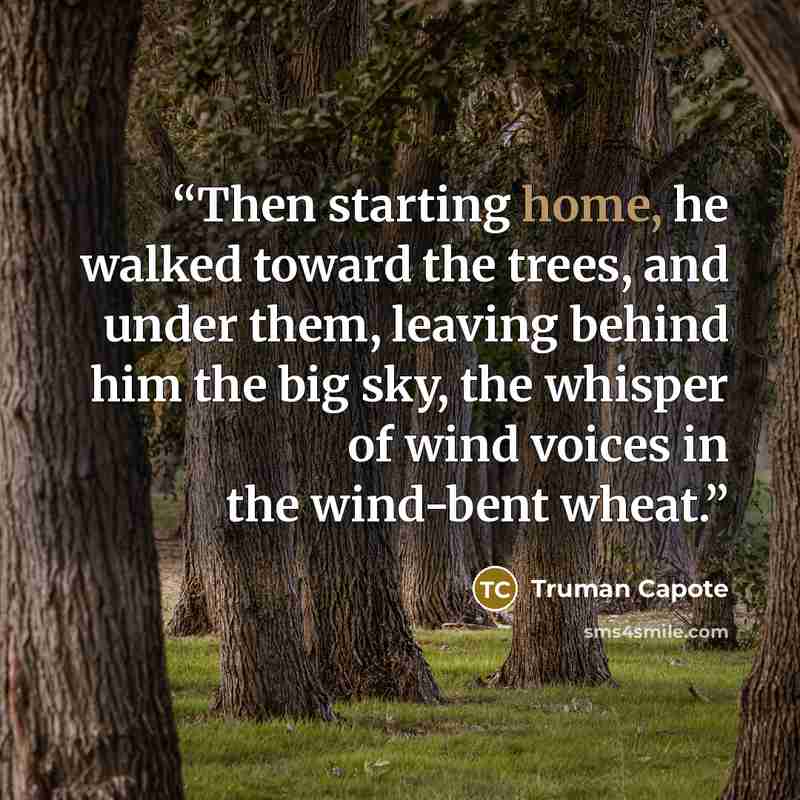 “Then starting home, he walked toward the trees, and under them, leaving behind him the big sky, the whisper of wind voices in the wind-bent wheat.” quote by Truman Capote
