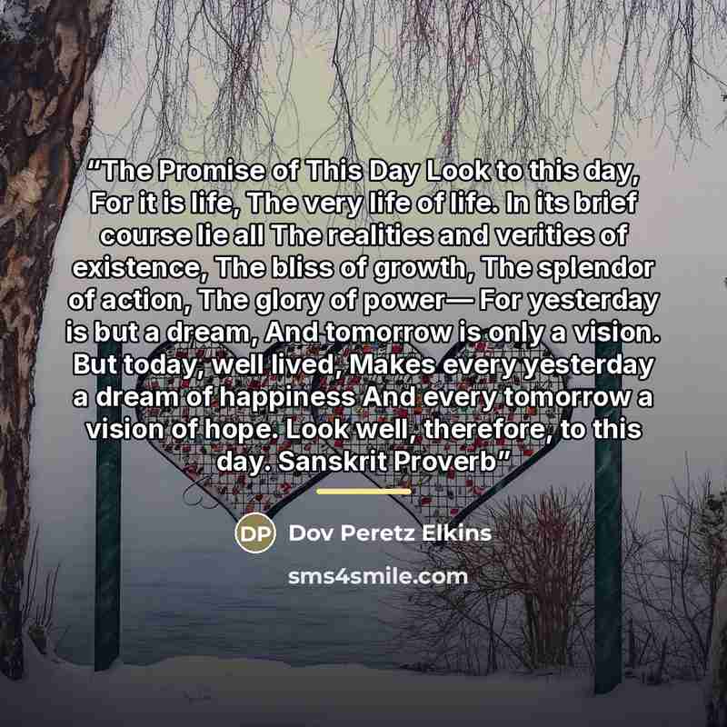 “The Promise of This Day Look to this day, For it is life, The very life of life. In its brief course lie all The realities and verities of existence, The bliss of growth, The splendor of action, The glory of power— For yesterday is but a dream, And tomorrow is only a vision. But today, well lived…” quote by Dov Peretz Elkins