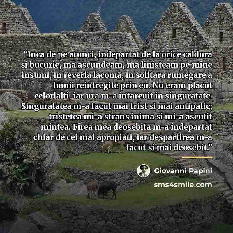 “Inca de pe atunci, indepartat de la orice caldura si bucurie, ma ascundeam, ma linisteam pe mine insumi, in reveria lacoma, in solitara rumegare a lumii reintregite prin eu. Nu eram placut celorlalti, iar ura m-a intarcuit in singuratate. Singuratatea m-a facut mai trist si mai antipatic…” quote by Giovanni Papini