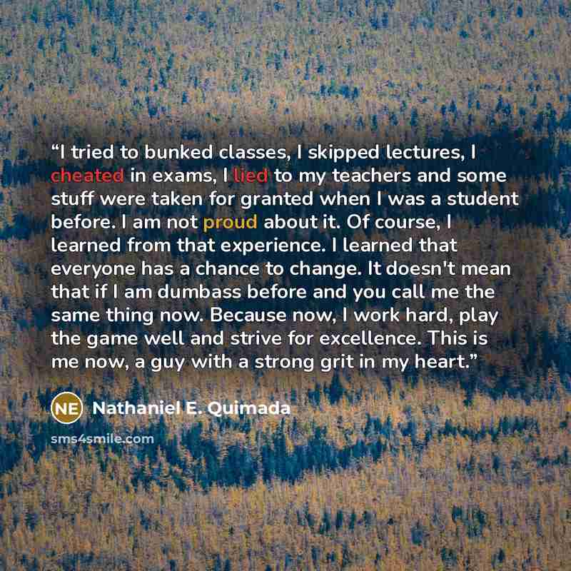“I tried to bunked classes, I skipped lectures, I cheated in exams, I lied to my teachers and some stuff were taken for granted when I was a student before. I am not proud about it. Of course, I learned from that experience. I learned that everyone has a chance to change. It doesn't mean that if I…” quote by Nathaniel E. Quimada