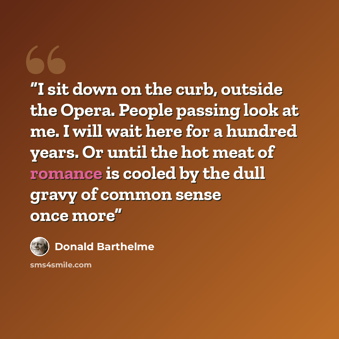 “I sit down on the curb, outside the Opera. People passing look at me. I will wait here for a hundred years. Or until the hot meat of romance is cooled by the dull gravy of common sense once more” quote by Donald Barthelme