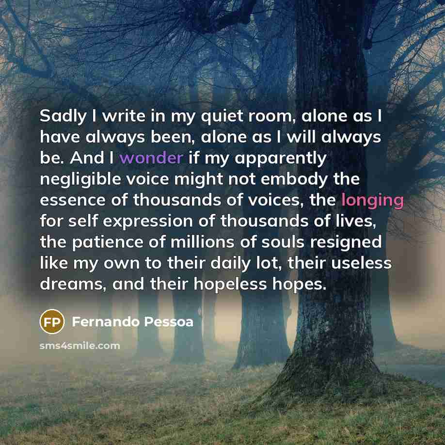 “Sadly I write in my quiet room, alone as I have always been, alone as I will always be. And I wonder if my apparently negligible voice might not embody the essence of thousands of voices, the longing for self expression of thousands of lives, the patience of millions of souls resigned like my own…” quote by Fernando Pessoa