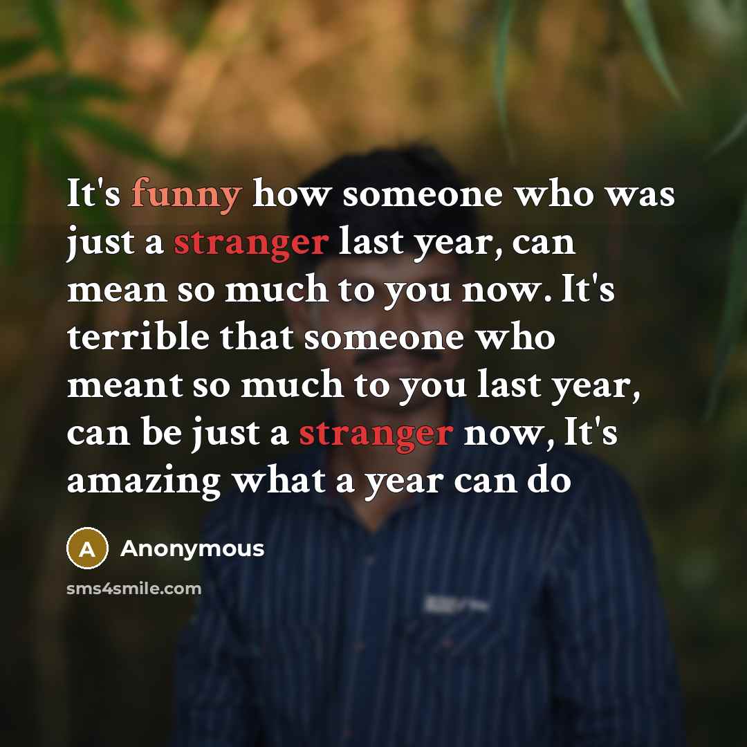 “It's funny how someone who was just a stranger last year, can mean so much to you now. It's terrible that someone who meant so much to you last year, can be just a stranger now, It's amazing what a year can do” quote by Anonymous