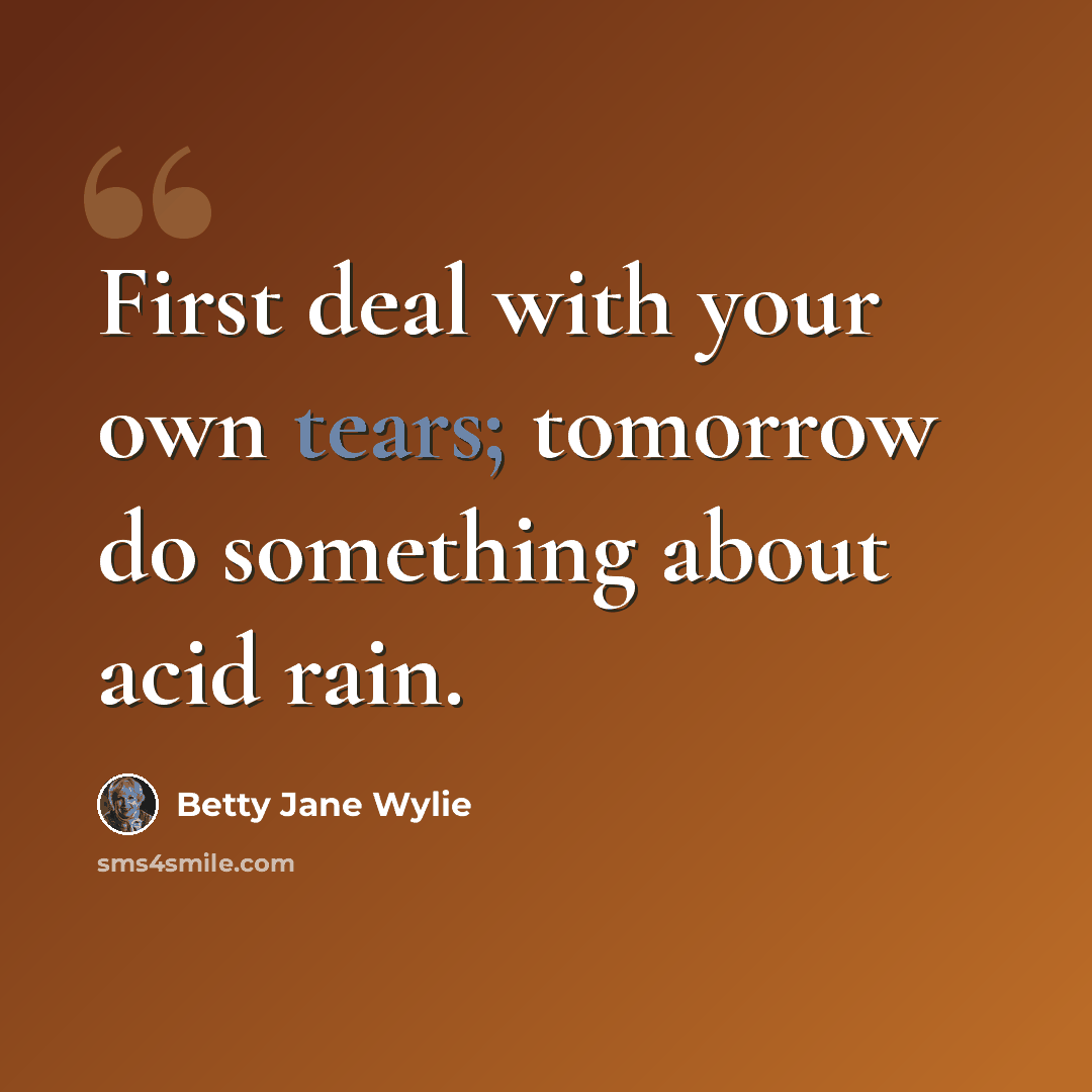 “First deal with your own tears; tomorrow do something about acid rain.” quote by Betty Jane Wylie