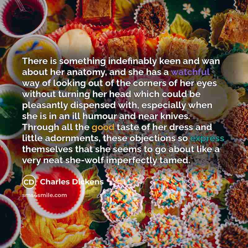 “There is something indefinably keen and wan about her anatomy, and she has a watchful way of looking out of the corners of her eyes without turning her head which could be pleasantly dispensed with, especially when she is in an ill humour and near knives. Through all the good taste of her dress…” quote by Charles Dickens