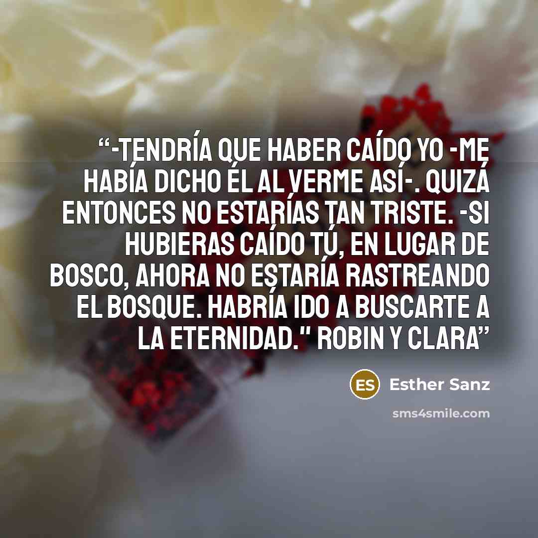 “-Tendría que haber caído yo -me había dicho él al verme así-. Quizá entonces no estarías tan triste. -Si hubieras caído tú, en lugar de Bosco, ahora no estaría rastreando el bosque. Habría ido a buscarte a la eternidad." Robin y Clara” quote by Esther Sanz