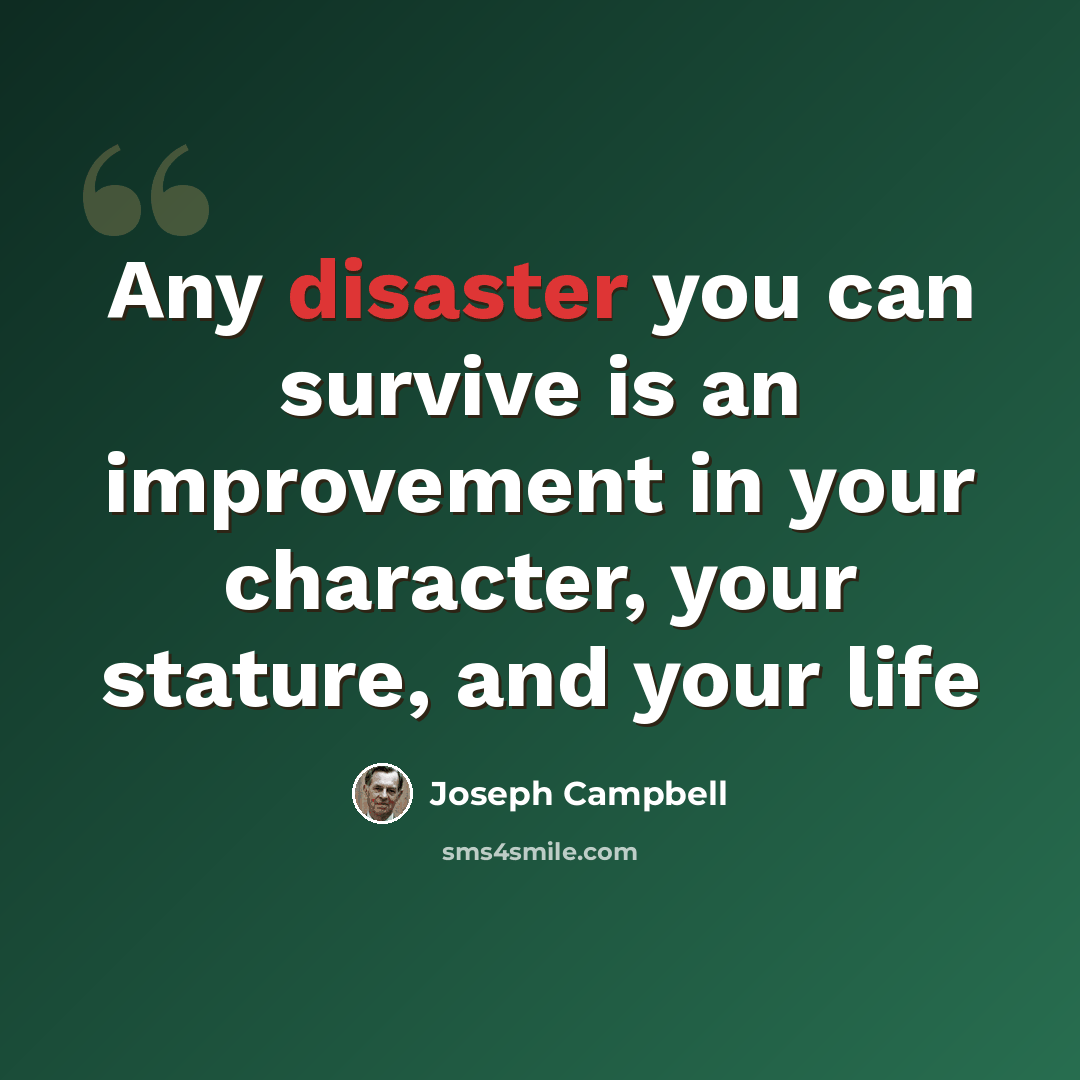 “Any disaster you can survive is an improvement in your character, your stature, and your life” quote by Joseph Campbell