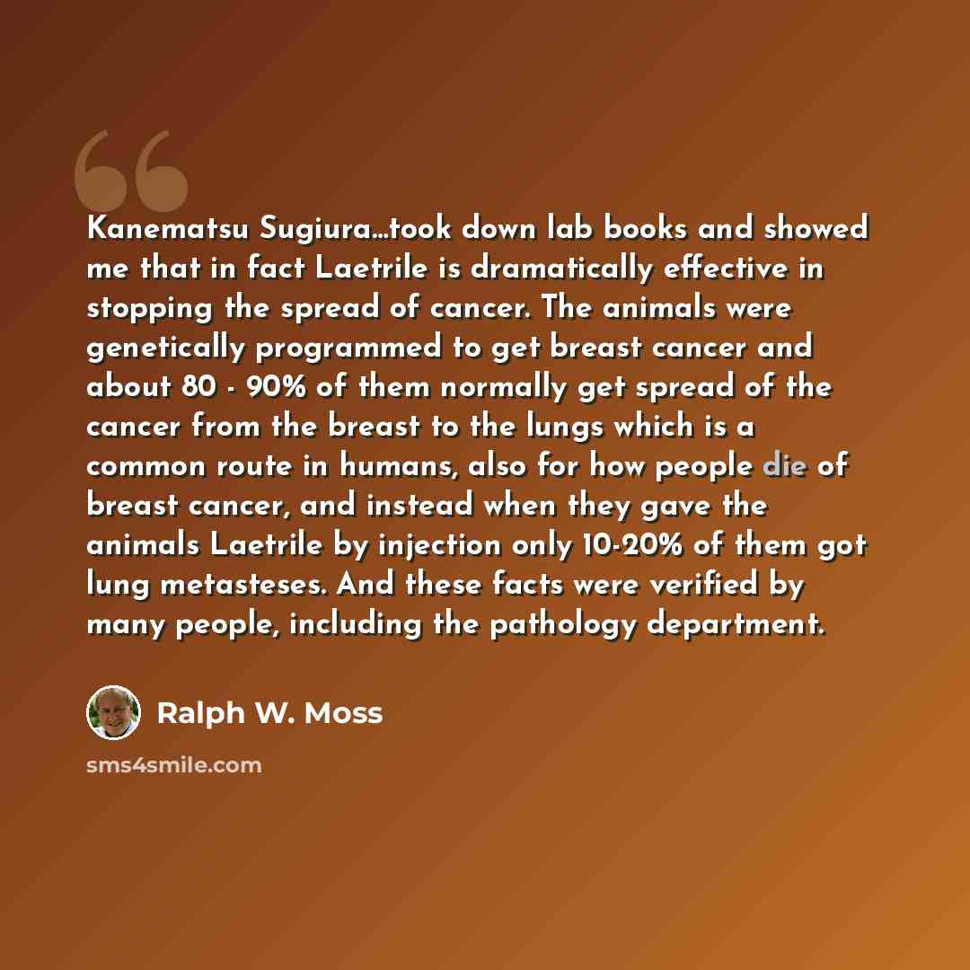 “Kanematsu Sugiura…took down lab books and showed me that in fact Laetrile is dramatically effective in stopping the spread of cancer. The animals were genetically programmed to get breast cancer and about 80 - 90% of them normally get spread of the cancer from the breast to the lungs which is a…” quote by Ralph W. Moss