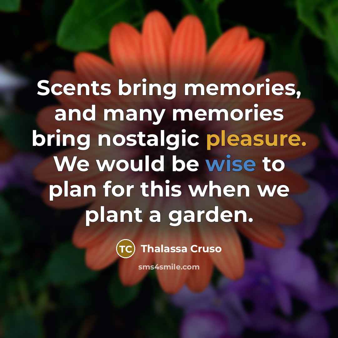 “Scents bring memories, and many memories bring nostalgic pleasure. We would be wise to plan for this when we plant a garden.” quote by Thalassa Cruso