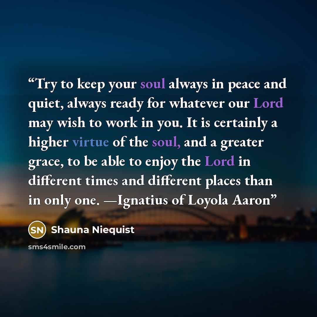 “Try to keep your soul always in peace and quiet, always ready for whatever our Lord may wish to work in you. It is certainly a higher virtue of the soul, and a greater grace, to be able to enjoy the Lord in different times and different places than in only one. —Ignatius of Loyola Aaron” quote by Shauna Niequist